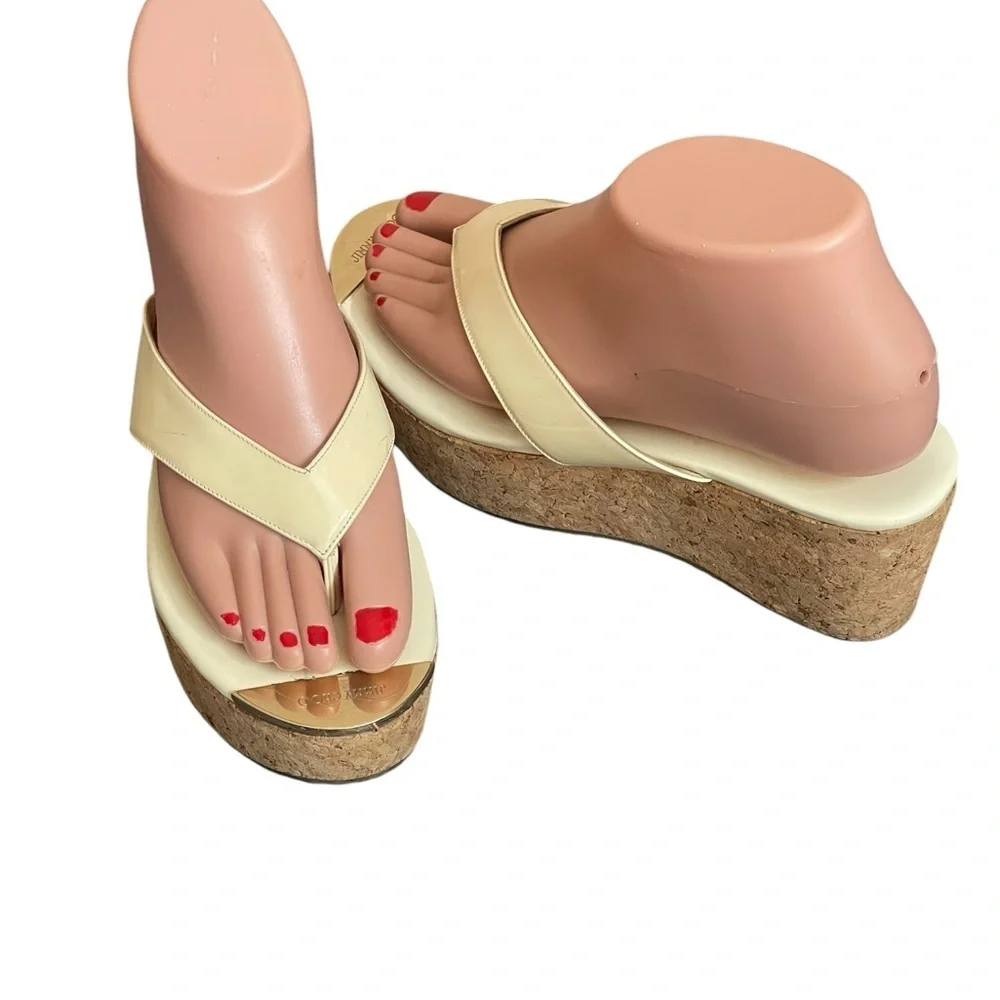 JIMMY CHOO Open Toe Platform Wedge Sandals Leather‎ Cork Size 7/ 37
